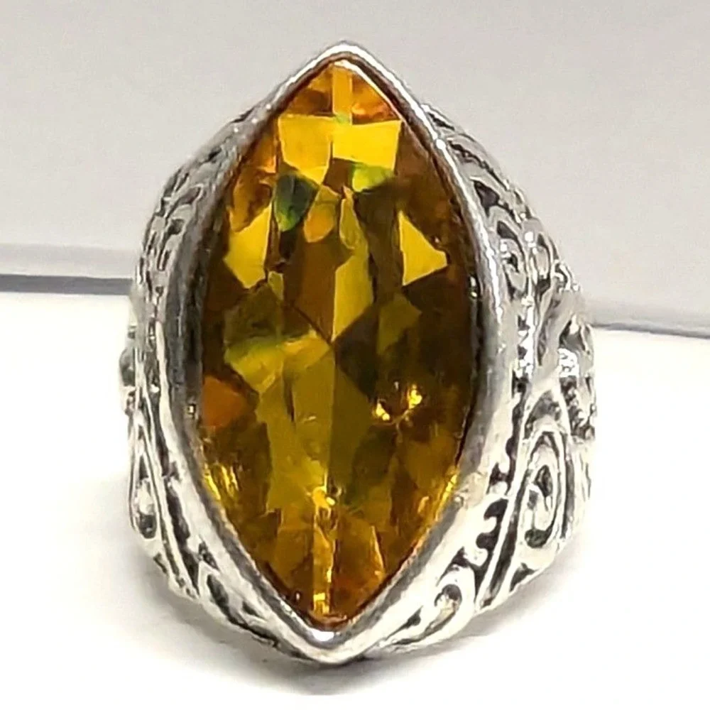 SilverTone Marquise Faceted Yellow Citrine November Statement Ring Plus‎ Size 11